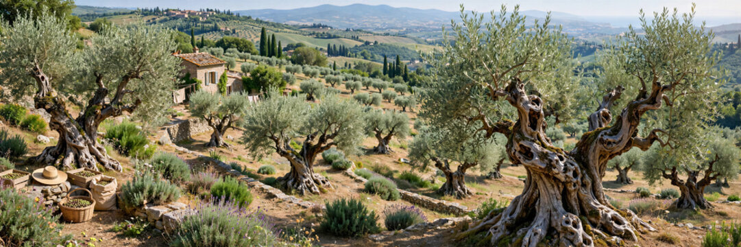 Panoramic view organic olive tree grove on sunny hill ancient trunks silvery leaves mediterranean banner