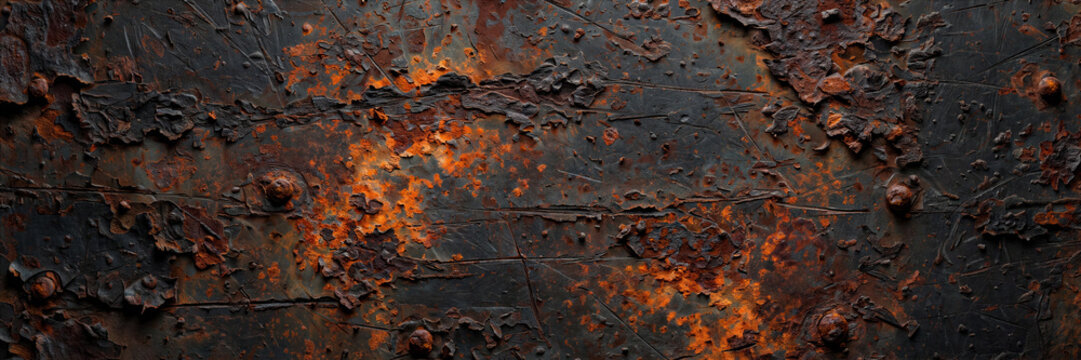 Horizontal background texture dark rusted industrial sheet metal rough iron details orange oxidation banner