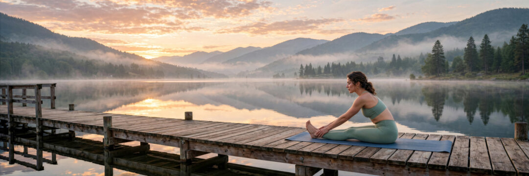 Panoramic view adult woman doing peaceful yoga stretch pose on wooden pier overlooking calm lake banner