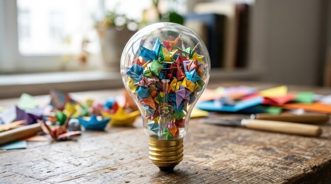 Origami Lightbulb Idea: A glass lightbulb overflows with colorful folded paper origami, symbolizing creativity, innovation, and a brilliant idea, surrounded by origami crafting supplies.