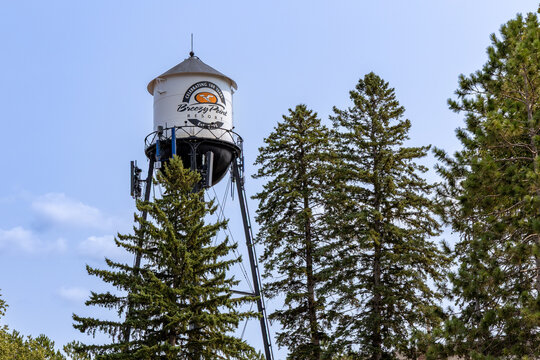 Treelined view of the Breezy Point Resort water tower on Pelican Lake in northern Minnesota, on August 10, 2026 in Breezy Point, Minnesota, USA