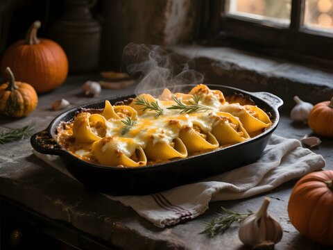 Baked Pumpkin Stuffed Pasta with Creamy Cheese in a Moody Cozy Home Kitchen