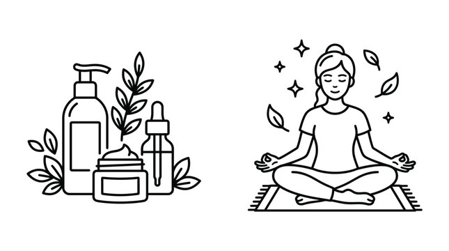 Natural cosmetics set and woman meditating for wellness and self care vector icon