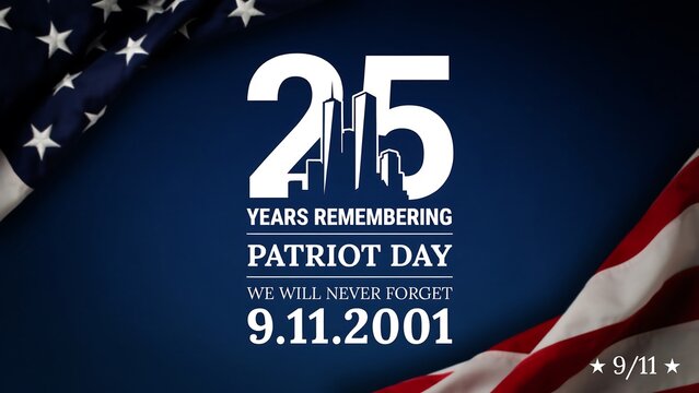 Patriot day memorial graphic design features american flag and twin tower silhouette with twenty five years remembrance text for public commemoration event posters.