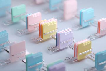 Naklejka premium Colorful file folders organized in storage trays for document management. Modern archive, office organization and digital information system concept.