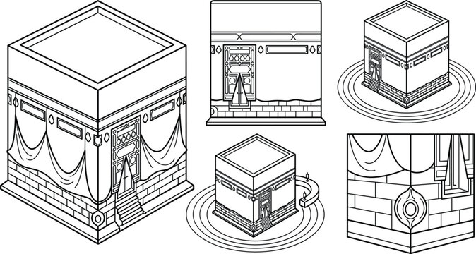 Kaaba Mecca Islamic Landmark Vector Outline Set Featuring Hajj Pilgrimage Symbols and Ramadan Mubarak Mosque Architecture Graphic Designs