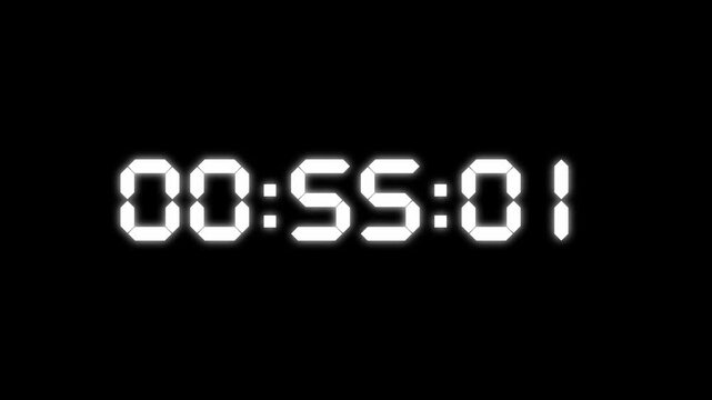 Simple Watch Countdown  Timer  60 Seconds To Zero Second ,Overlay Digital White Text Number With Soft Glow Effect In Black background 4k