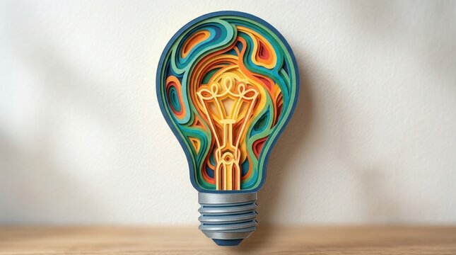 Artistic Light Bulb Idea Sculpture: An intricate paper-cut sculpture in the shape of a light bulb, showcasing a vibrant, layered design that evokes creativity and innovation.