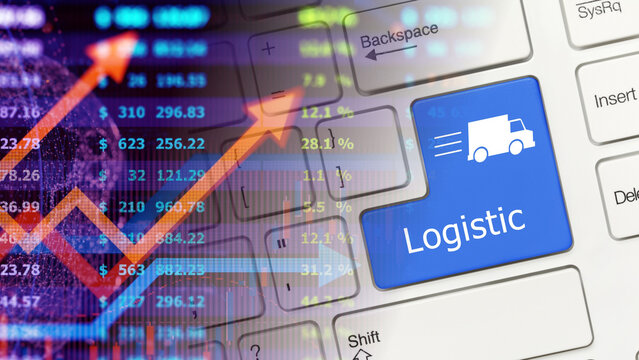 Digital logistics industry and supply chain stock market growth concept. Blue logistic button with delivery truck icon on computer keyboard overlaying financial chart data and exchange trading index
