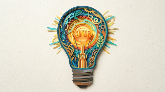 Illuminated Idea: A stylized lightbulb crafted with intricate paper quilling showcases a glowing filament and gears, symbolizing innovation and creative thought.