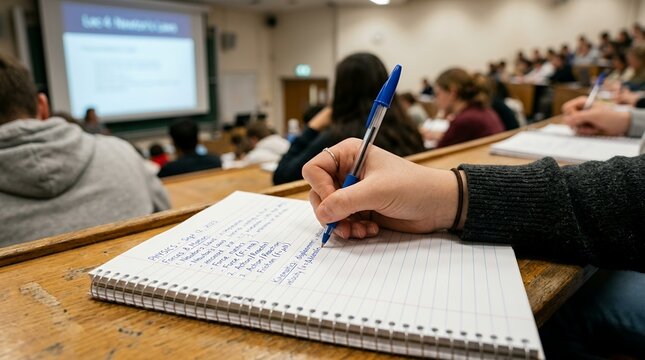 Student taking notes in a university lecture hall with projector screen.