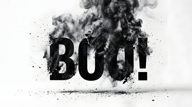 Boo text with black smoke and debris effect isolated on white background