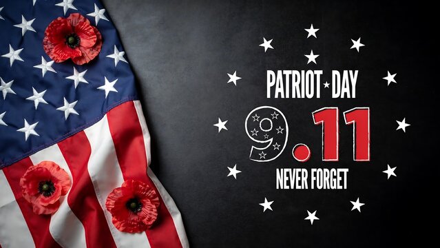 Patriot day remembrance banner with red poppy flowers on american flag and september eleven never forget text for solemn historical memorial event design resources.