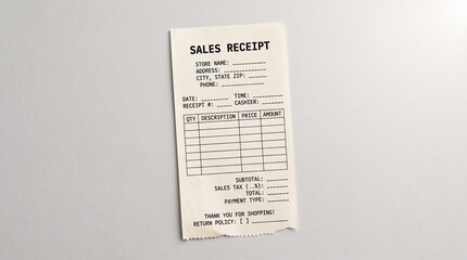 Fototapeta premium Blank sales receipt template for recording retail purchase transactions.