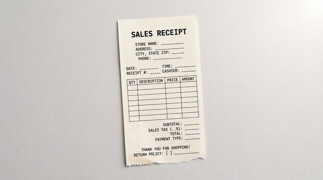 Blank sales receipt template for recording retail purchase transactions.