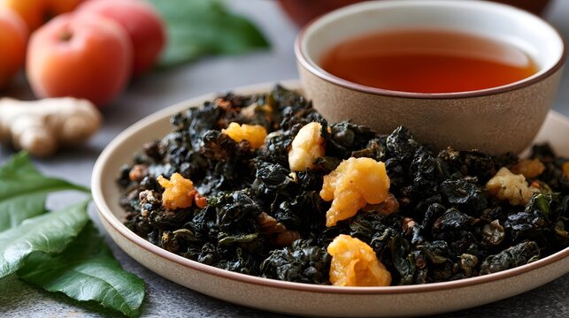 A bowl of dark oolong tea leaves mixed with dried peach pieces  accompanied by a cup of brewed tea and fresh fruit in the background