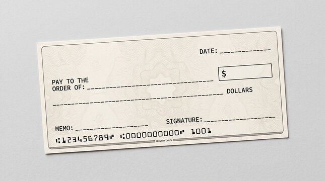 Blank bank check template for financial transactions and payments.