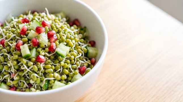 Fresh healthy green moong sprouts salad with pomegranate copy space