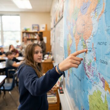 Young student points to a map in a classroom setting.