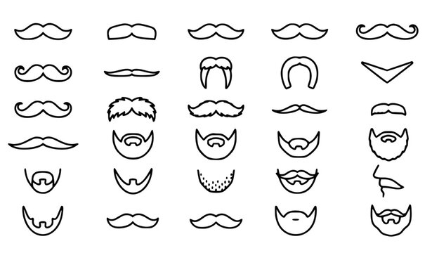 Mustache and beard icons, facial hair and grooming symbols vector set, outline mustache, goatee, stubble, handlebar, sideburns, barber shop and men style elements