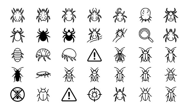 Ticks and bed bugs icons, parasites and insects symbols vector set, outline tick, mite, cockroach, flea, pest control, warning, magnifying glass and entomology elements