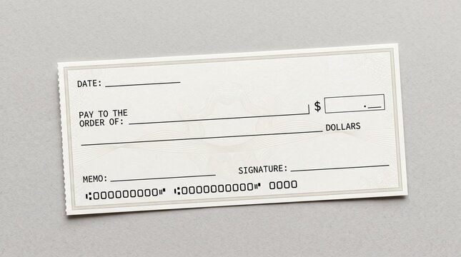 Blank bank check template for business financial payment transactions.