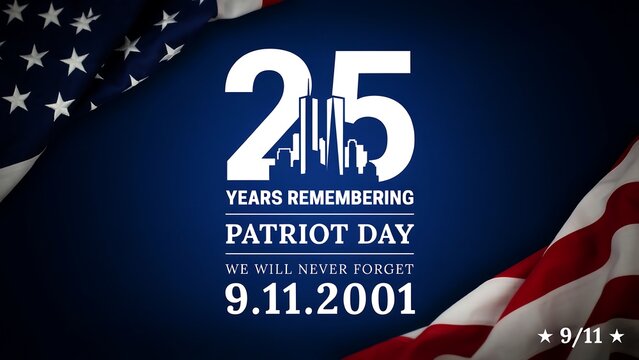 Twenty five years remembering patriot day illustration with twin towers icon and american flag for september eleventh anniversary commemorative memorial graphics.