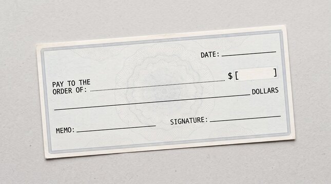 Blank bank check template for financial payments and transactions.