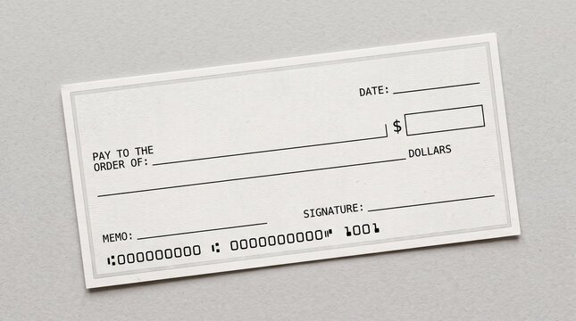 Blank bank check template for financial business payment transactions.