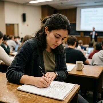 Young woman student writing notes in a university lecture hall with projector screen.