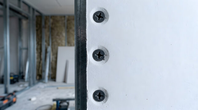 Drywall installation with metal studs|Close up of screws in gypsum board|Home interior renovation construction site|Professional wall partitioning technique
