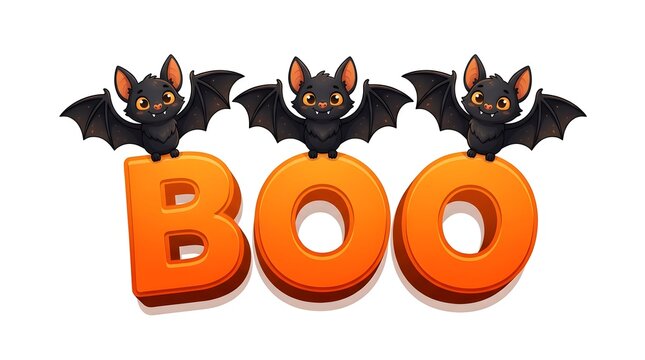 Cute cartoon bats sitting on orange 3d boo text, halloween holiday design element isolated on white background