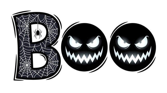 Spooky halloween boo text with spider web pattern and scary glowing monster faces, holiday design element isolated on white background