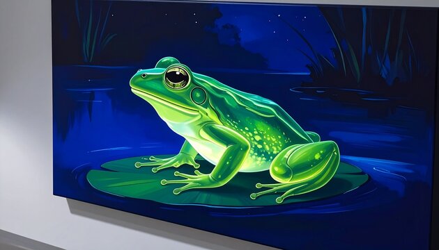 Frog Illustration Night Glow Art Displayed on a Modern Gallery Wall