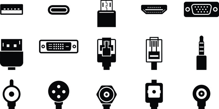 Set of computer and electronic cable connector icons