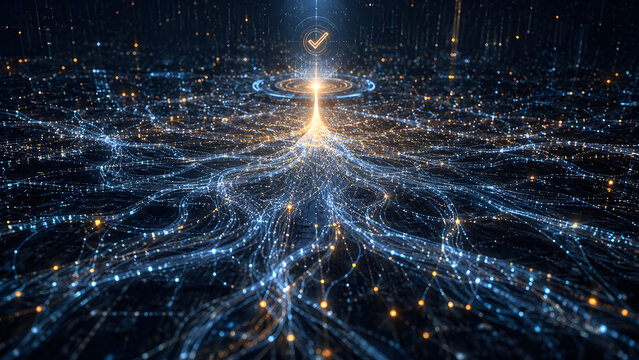 AI Decision Making Concept with Data Pathways Converging into One Optimal Solution