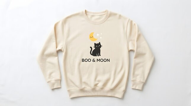 Beige sweatshirt with a cute black cat and moon illustration isolated on white background