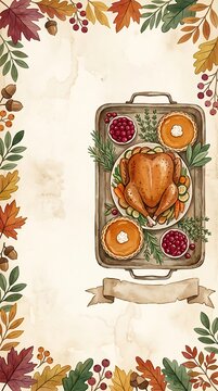 Vintage Thanksgiving Food Template with Roasted Turkey and Autumn Leaves Border