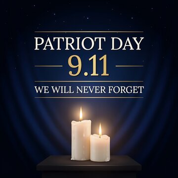 Patriot day remembrance graphic with two glowing candles and dark blue draped curtains design for solemn national anniversary social media post or commemorative card.
