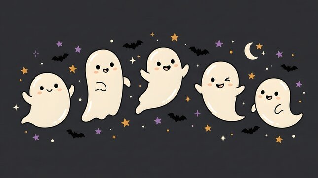 Cute cartoon ghosts with stars and bats on dark background