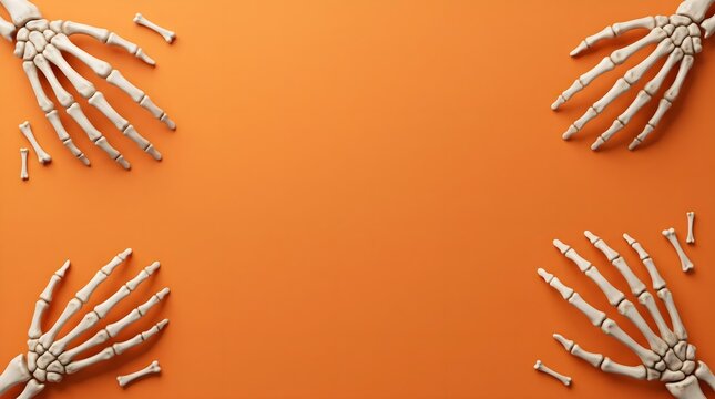 Halloween skeleton hands create a decorative frame on bright orange