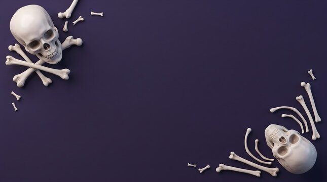 Halloween skeleton and skull border against a dark purple backdrop