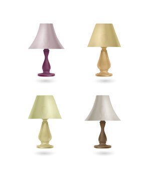 Four elegant table lamps in various colors on transparent background