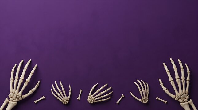 Human skeletal hands and bones lie on a purple backdrop