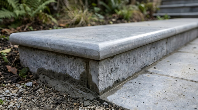 Modern garden step design with bullnose coping | Natural stone landscaping staircase installation | Professional hardscaping stone work close up | Grey granite steps for outdoor garden patio