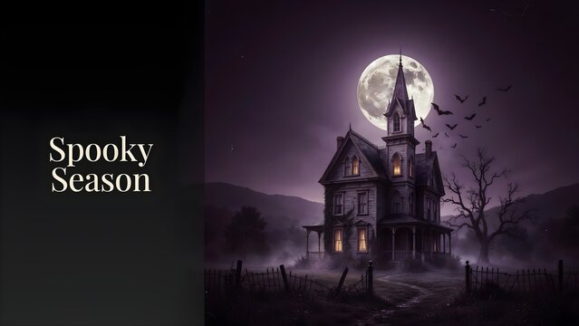 Spooky season, eerie halloween night with a haunted victorian house, creepy bats flying, and a glowing full moon under a dark purple sky