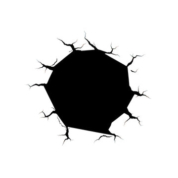 Black cracked hole silhouette on white background, broken wall surface effect, dark shattered ground opening for creative design