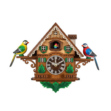Traditional wooden cuckoo clock with colorful birds. Handcrafted alpine chalet wall clock. Vintage black forest style timepiece on white background.