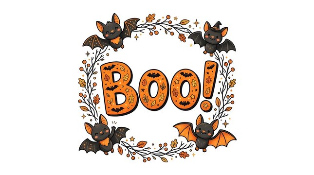 Cute halloween boo text design surrounded by a wreath of autumn leaves, berries, and adorable bats, isolated on white background