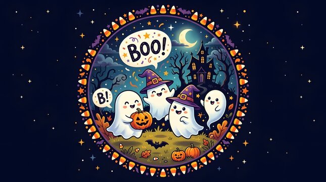 Cute cartoon ghosts wearing witch hats in a magical halloween night scene with a haunted house and candy corn border